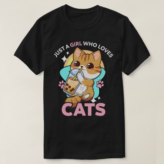 猫が大好きな女の子ボバブルミルクティーKa Tシャツ (デザイン正面)