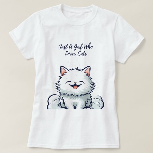 猫が大好きな女の子 – かわいい白ふわふわの猫 Tシャツ (デザイン正面)