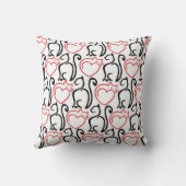 猫が大好き! – 白の黒と赤のアウトライン クッション (裏面)