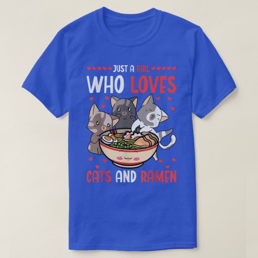 猫が好きな女の子とラーメン猫食べのR Tシャツ (デザイン正面)