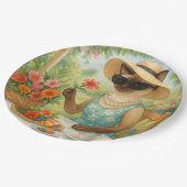 猫が庭でお茶を飲んでいる ペーパープレート (アングル)