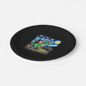 猫が恐竜のT-Rexに乗る 星空の夜 猫好き ペーパープレート (アングル)