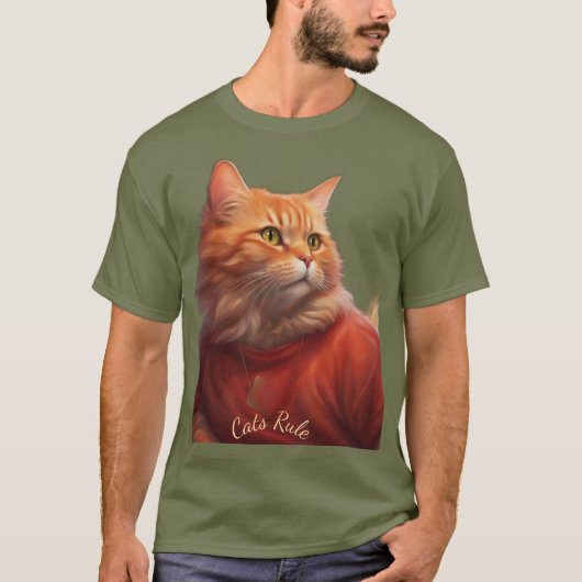猫が支配するTシャツを着たオレンジタビー猫 Tシャツ (正面)
