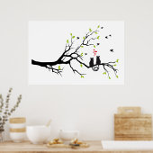 猫が春の木の赤いハートに恋をする ポスター (キッチン)