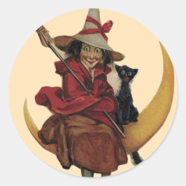 猫が月に姿を現す魔女 – ハロウィンステッカー ラウンドシール