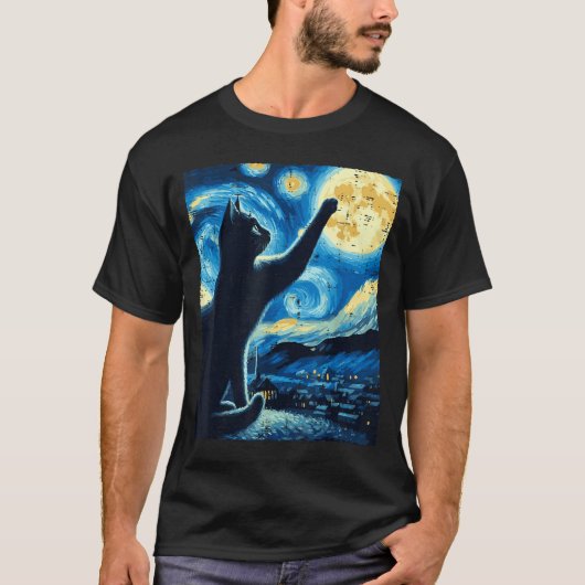 猫が月に手を伸ばす 星空の夜 面白い子猫 メンズ Tシャツ (正面)