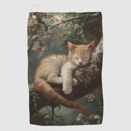 猫が木で寝るヴィンテージ ゴルフタオル (正面)