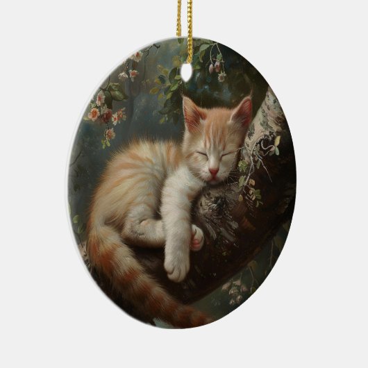 猫が木で寝るヴィンテージ セラミックオーナメント (右)