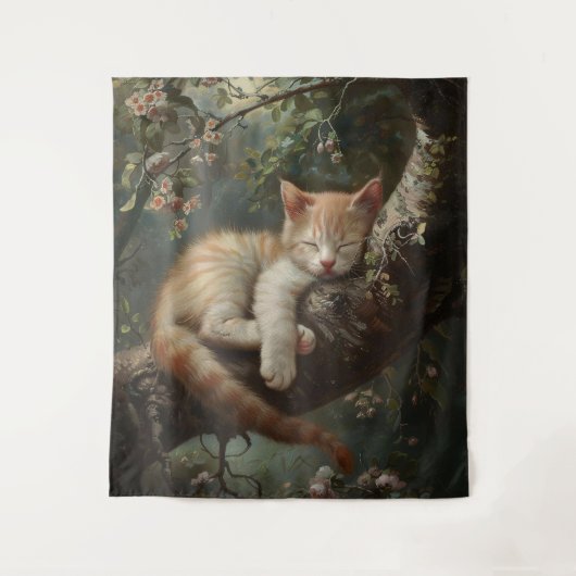 猫が木で寝るヴィンテージ タペストリー (正面)