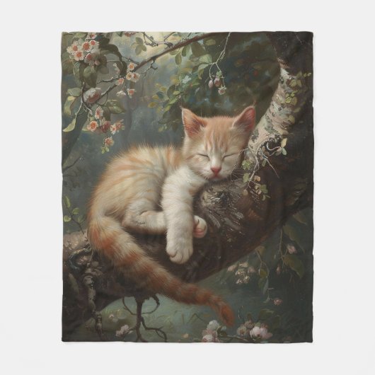 猫が木で寝るヴィンテージ フリースブランケット (正面)