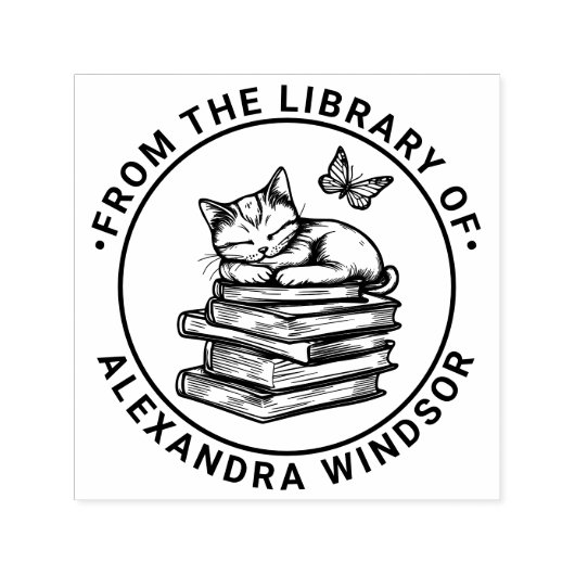 猫が本で眠る蝶々図書館ブックネーム セルフインキングスタンプ (デザイン)