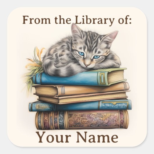 猫が本の上に寝そべっている蔵書票 スクエアシール (正面)