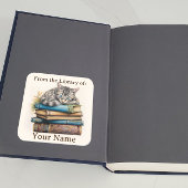 猫が本の上に寝そべっている蔵書票 スクエアシール