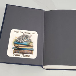 猫が本の上に寝そべっている蔵書票 スクエアシール