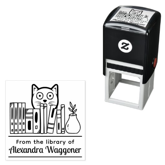 猫が本の陰に隠れて「の図書館から」 セルフインキングスタンプ (インサイチュ)