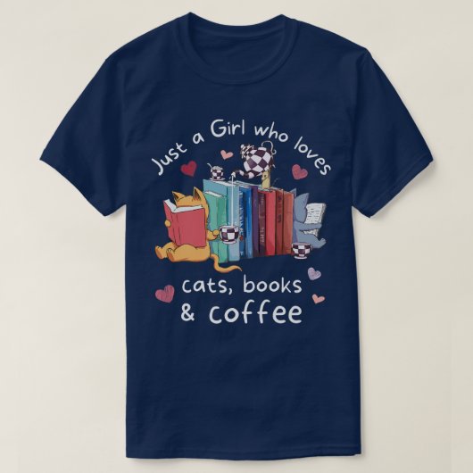 猫が本や茶を好きな女の子 Tシャツ (デザイン正面)