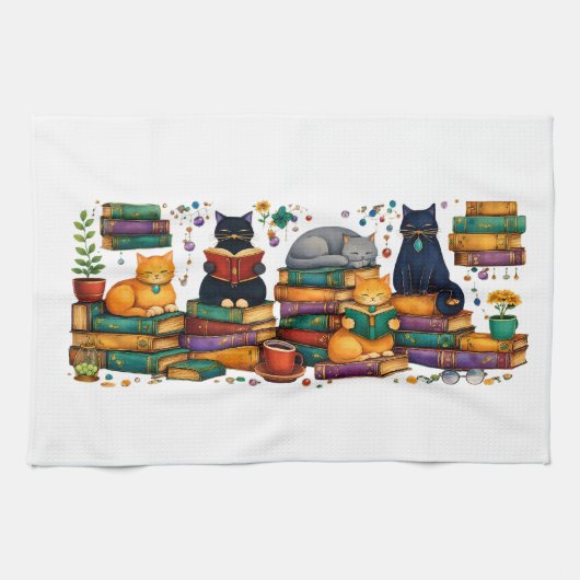 猫が本を読む居心地の良い図書館の情景 キッチンタオル (横)