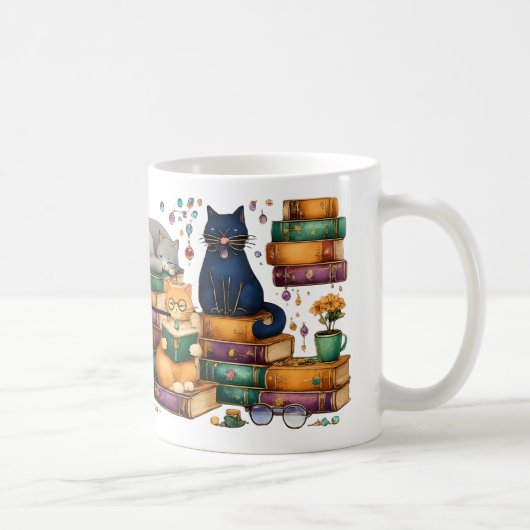 猫が本を読む居心地の良い図書館の情景 コーヒーマグカップ (右)