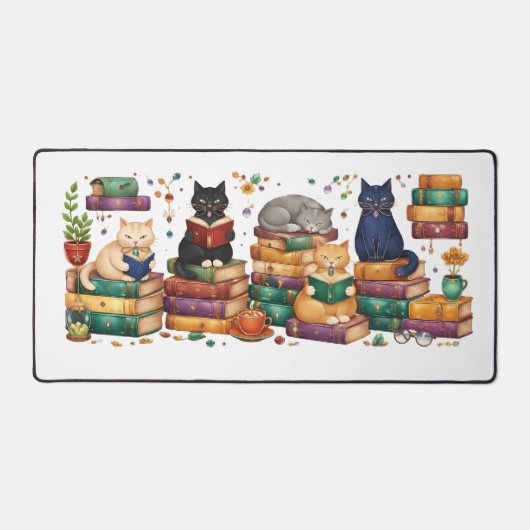 猫が本を読む居心地の良い図書館の情景 デスクマット (正面)
