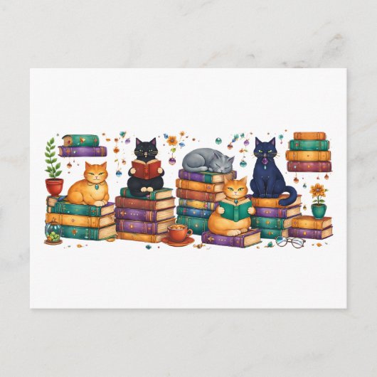 猫が本を読む居心地の良い図書館の情景 ポストカード (正面)