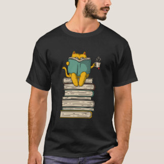 猫が本を読んでお茶 Tシャツ