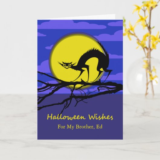 猫が枝に乗ったハロウィン兄弟のためのカスタムフロント カード (黄色い花)