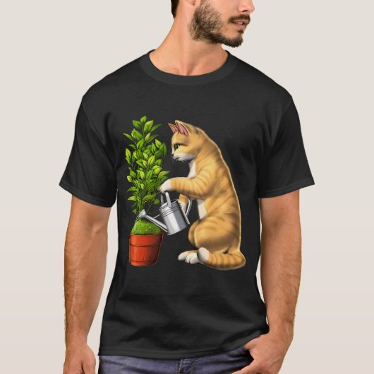 猫が植物に水やり Tシャツ (正面)