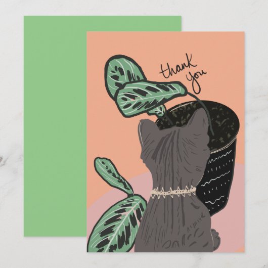 猫が植物を見守るサンクスカード (正面/裏面)