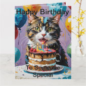 猫が楽しむお誕生日ケーキアクリル美術 カード (黄色い花)