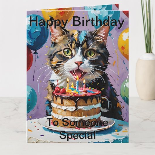 猫が楽しむお誕生日ケーキアクリル美術 カード (正面)