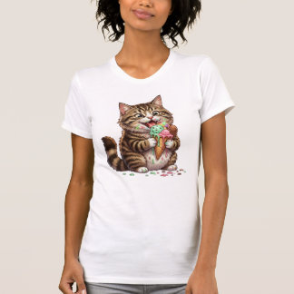 猫が溶けるアイスクリームをなめる – 色とりどりの雫 Tシャツ