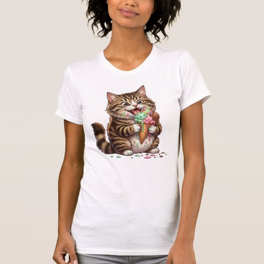 猫が溶けるアイスクリームをなめる – 色とりどりの雫 Tシャツ (正面)