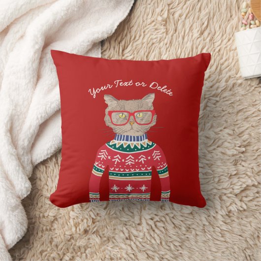 猫が眼鏡おもしろいをかけ、醜いクリスマスセーター クッション (ブランケット)