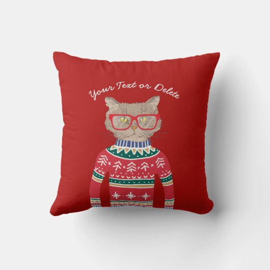 猫が眼鏡おもしろいをかけ、醜いクリスマスセーター クッション (裏面)