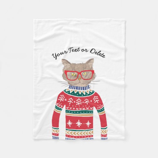 猫が眼鏡おもしろいをかけ、醜いクリスマスセーター フリースブランケット (正面)