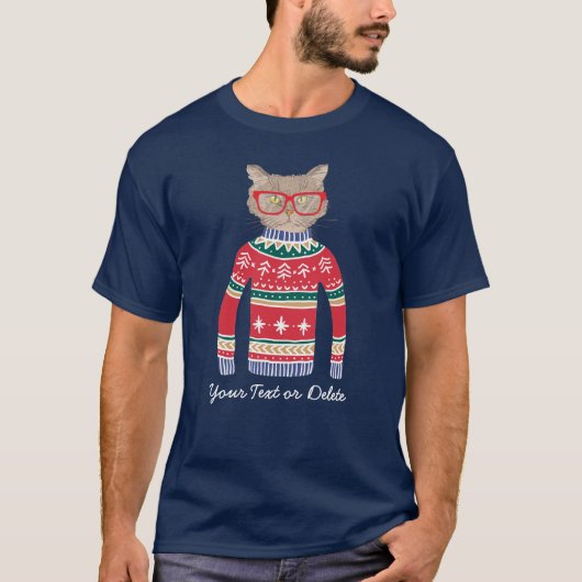 猫が眼鏡おもしろいをかけ、醜いクリスマスセーター Tシャツ (正面)