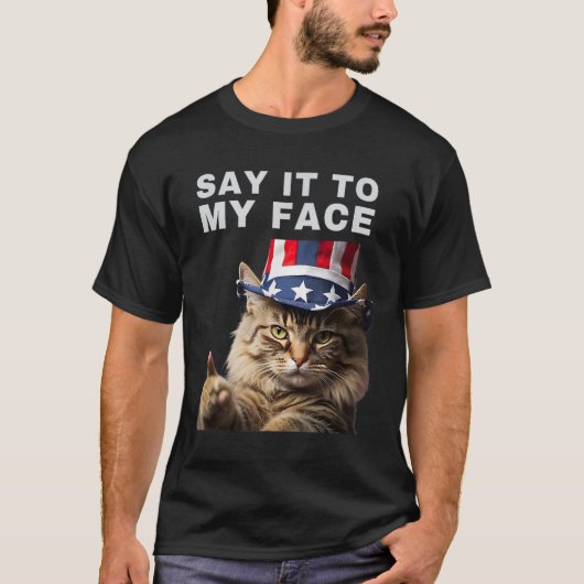 猫が私の顔カマラハリスに言う Tシャツ (正面)