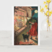 猫が窓からじろじろ見るハロウィーンの魔女 カード (黄色い花)