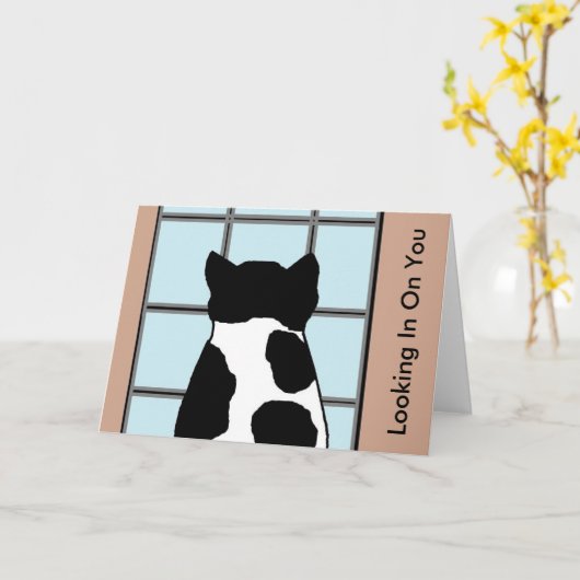 猫が窓から覗き込む「あなたを見ている」 カード (黄色い花)
