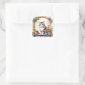 猫が窓に座って花を飾る水彩 スクエアシール (バッグ)