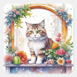 猫が窓に座って花を飾る水彩 スクエアシール
