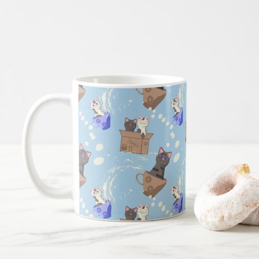 猫が箱に入りミルクが青く滴る コーヒーマグカップ (ドーナツ)