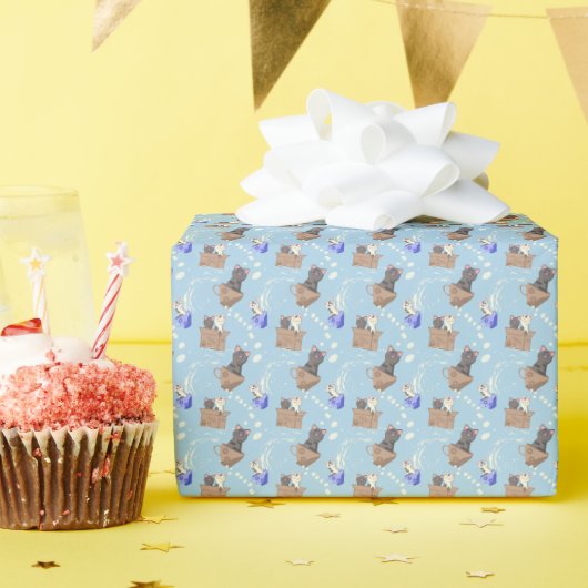 猫が箱に入りミルクが青く滴る ラッピングペーパー (誕生日パーティー)