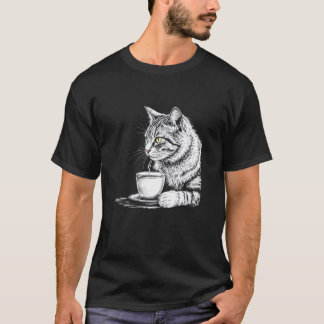 猫が紅茶かコーヒーを飲むマグカップ、おしゃれなヒップスター風デザイン Tシャツ