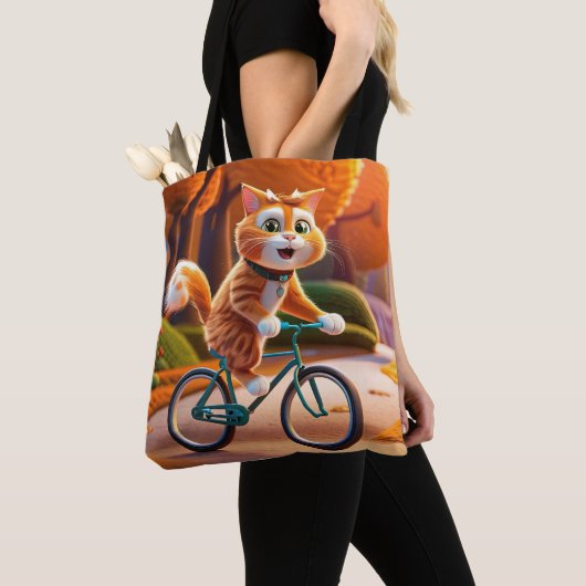 猫が自転車に乗っている トートバッグ (クローズアップ)