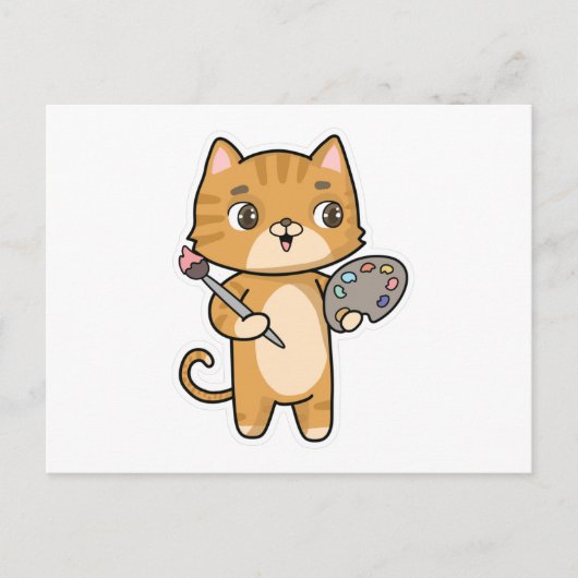 猫が色と筆で絵を描く ポストカード (正面)