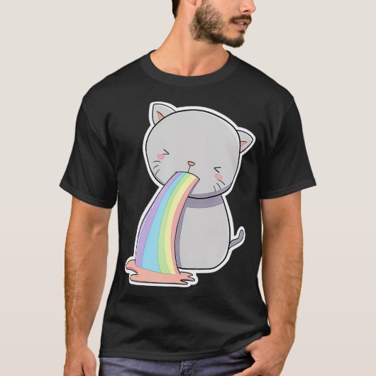 猫が虹嘔吐おもしろい子猫好き Tシャツ (正面)