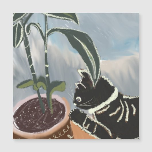 猫が観葉植物を見守るカード (正面)