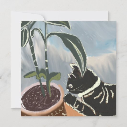 猫が観葉植物を見守る カード (正面)