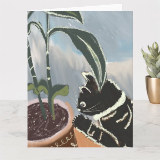 猫が観葉植物を見守る  カード (小さな植物)